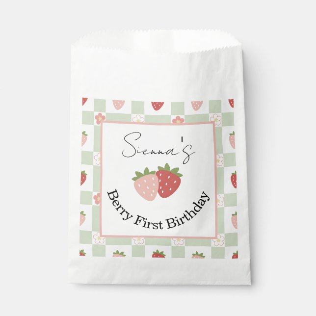 Customisable Strawberry Gingham First Birthday Favour Bags (Front)