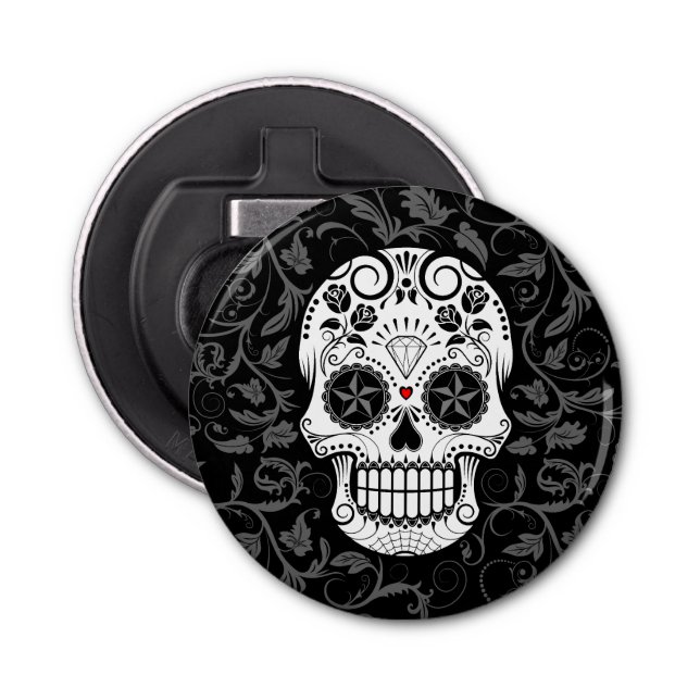 Customisable Sugar Skull with Grey Vines and Roses Bottle Opener (Front)