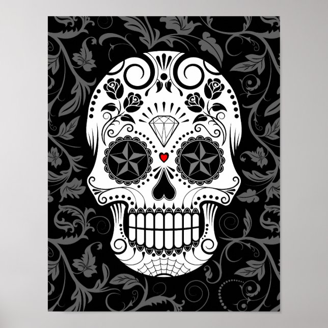 Customisable Sugar Skull with Grey Vines and Roses Poster (Front)