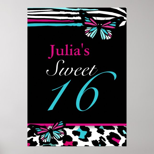 Customisable Sweet 16 Animal Print Butterfly Poste (Front)