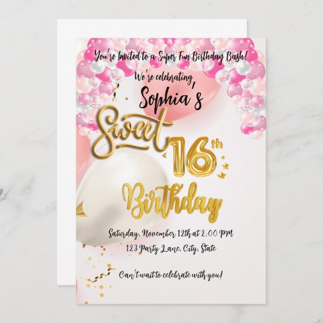 Customisable Sweet 16 Birthday Invitation Card (Front/Back)