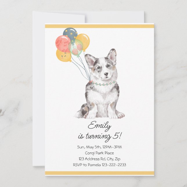 Customisable Sweet Corgi Birthday Balloons Invitation (Front)