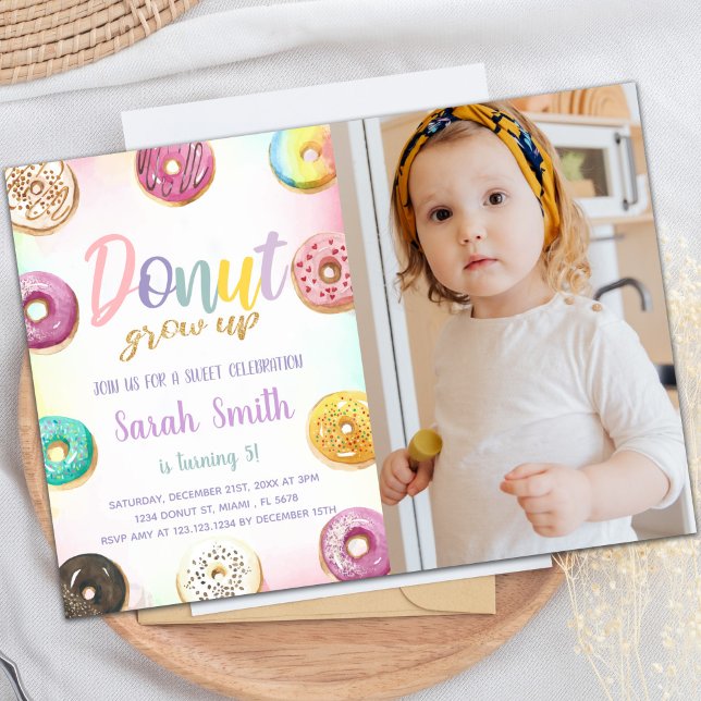 Customisable Sweet Party Invitations for Kids (Pink Donut Birthday Invitations with photo)