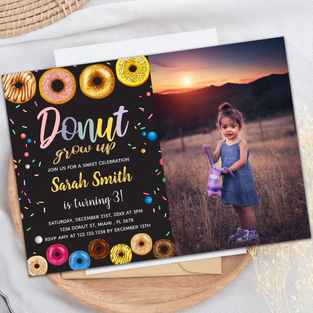Customisable Sweet Party Invitations for Kids (Black Colors Donut Birthday Invitations with photo)