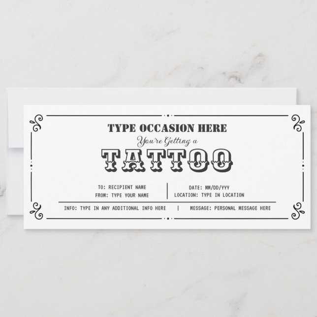 Customisable Tattoo Gift Voucher Any Occasion Invitation (Front)