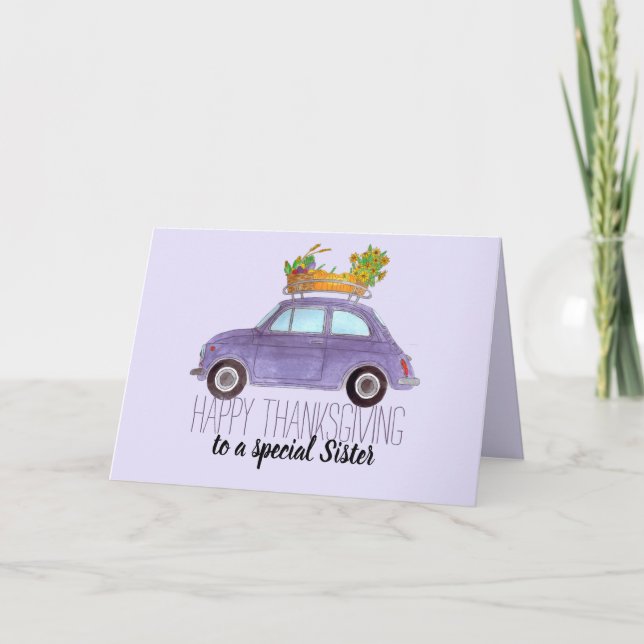 customisable Thanksgiving Purple Retro Fiat 500 Card (Front)