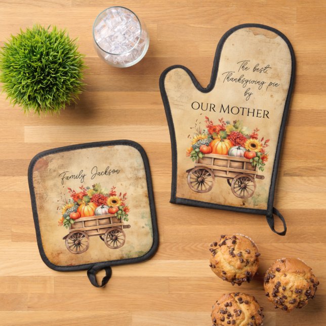 Customisable Thanksgiving rustic Oven Mitt & Pot Holder Set (Top Down)