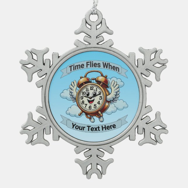 Customisable "Time Flies When" Flying Clock Snowflake Pewter Christmas Ornament (Front)