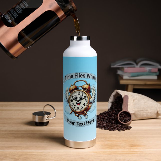 Customisable "Time Flies When" Flying Clock Water Bottle (Coffee (Rotated))