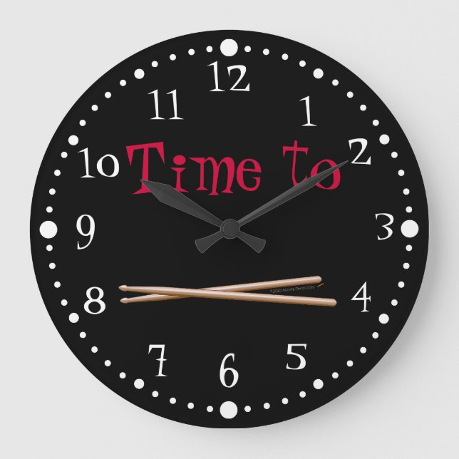 Customisable Time to Drum Drumsticks Black White Large Clock (Front)