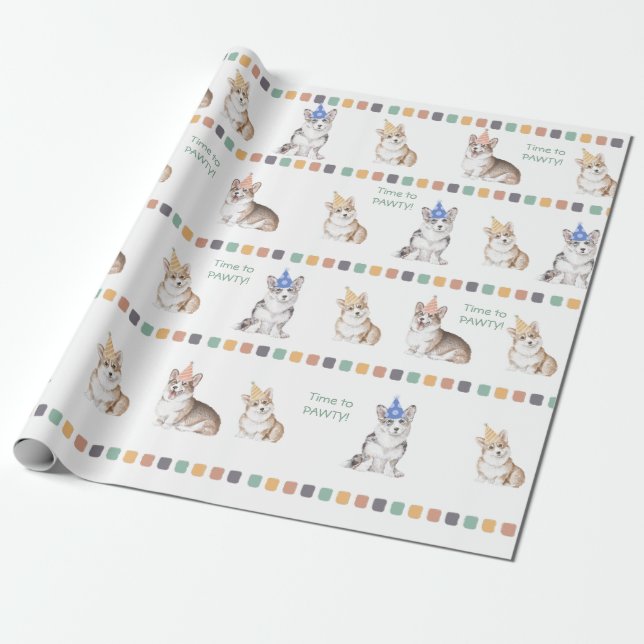 Customisable Time to PAWTY Corgi Wrapping Paper (Unrolled)