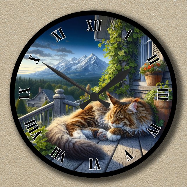 Customisable Tranquil Cat on a Mountain Porch Round Clock (Creator Uploaded)