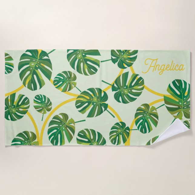 Customisable Tropical Leaf and Gold Beach Towel (Front)