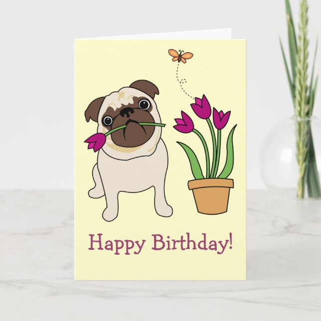 Customisable Tulip Pug and Butterfly Cards (Front)
