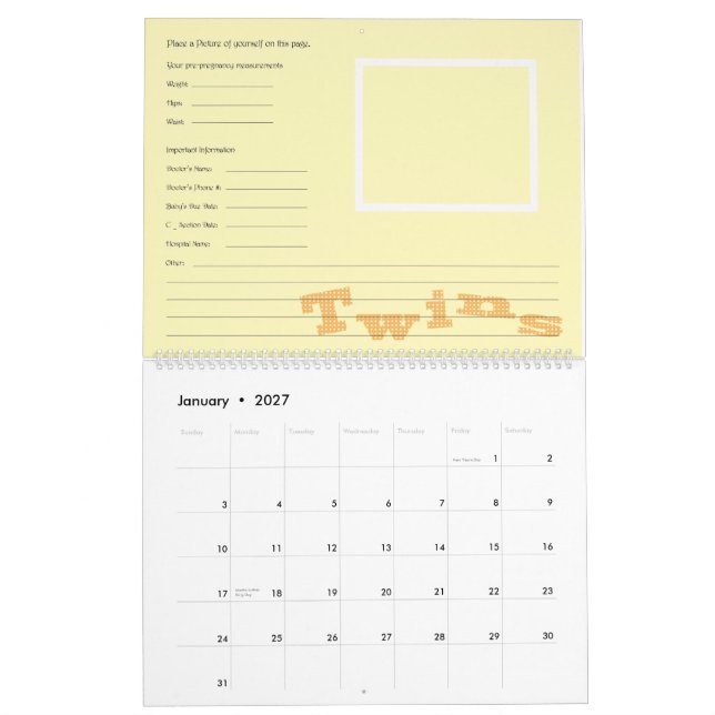 Customisable Twins pregnancy calendar (Jan 2027)