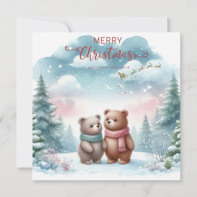 Customisable Two Cute Bears in the Forest on Xmas Holiday Card (Front)