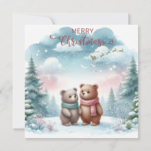 Customisable Two Cute Bears in the Forest on Xmas Holiday Card