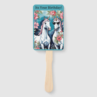 Customisable Two Funny Unicorns With Pink Flowers Hand Fan