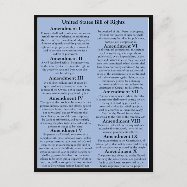 Customisable U.S. Bill of Rights/1st 10 Amendments Postcard (Front)