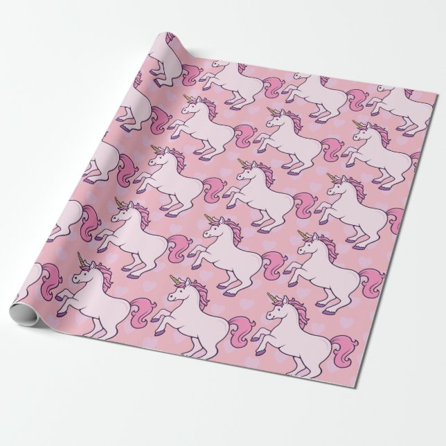 Customisable Unicorn and Hearts Pattern Wrapping Paper (Unrolled)