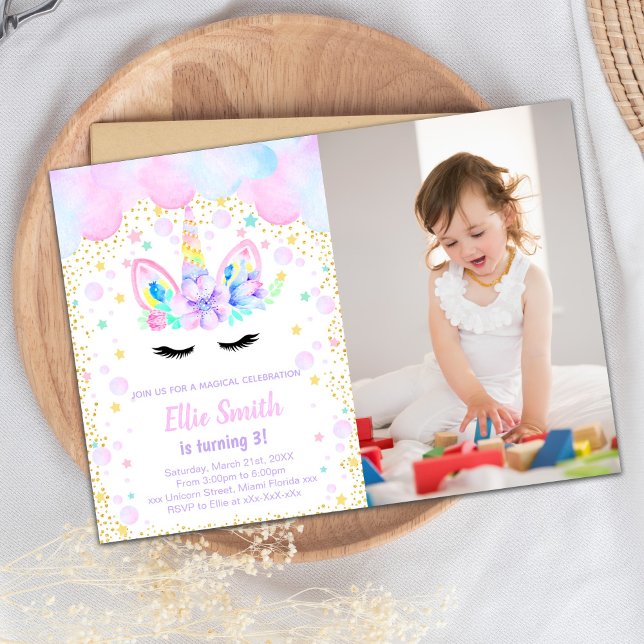 Customisable Unicorn Invite (Purple Pink Cloud Unicorn Invitations with photo)