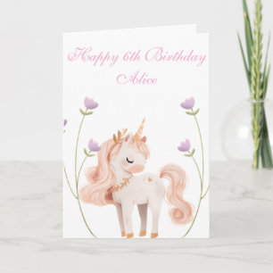Customisable Unicorn with Flowers 6th Birthday Card