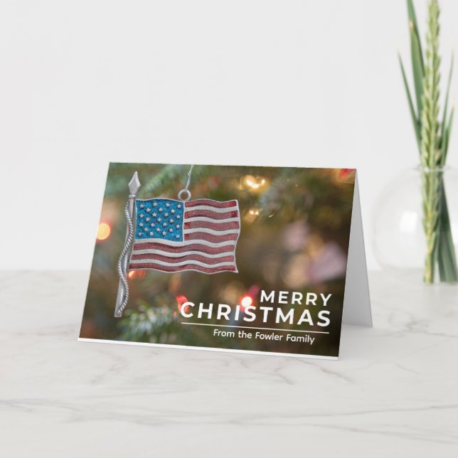 Customisable US Flag Ornament Christmas Card  (Front)