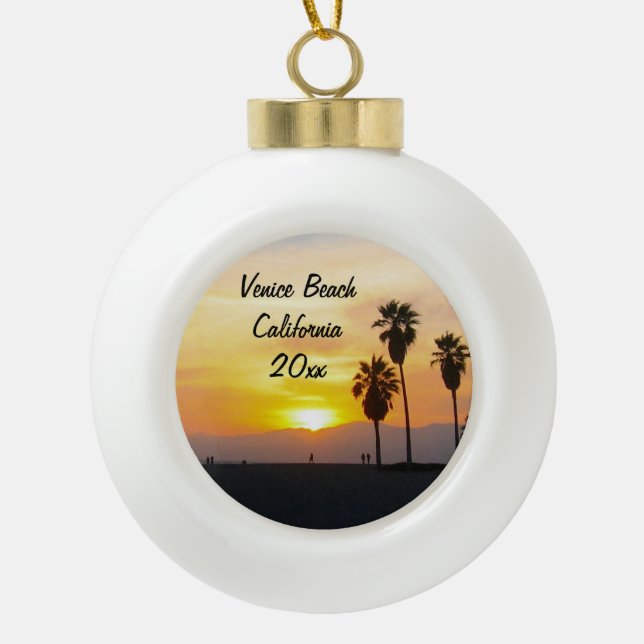 Customisable Venice Beach California Sunset Xmas Ceramic Ball Christmas Ornament (Front)