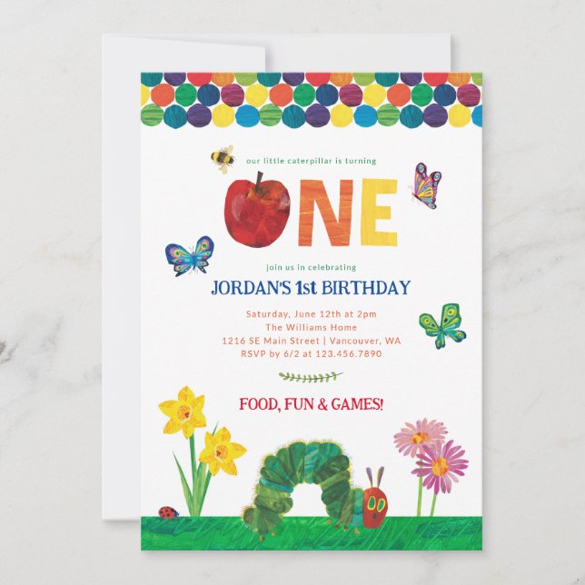Customisable Very Hungry Caterpillar 1st Birthday Invitation (Front)