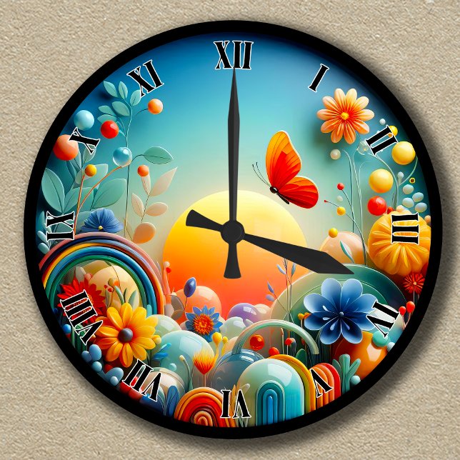 Customisable Vibrant Sunrise Butterfly Abstract Round Clock (Creator Uploaded)