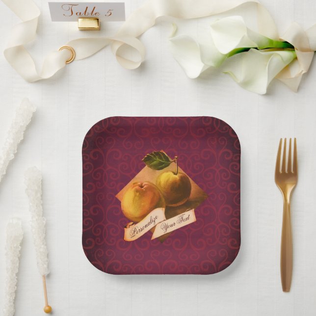 Customisable Vintage Apples Elegant Purple Damask Paper Plate (Wedding)