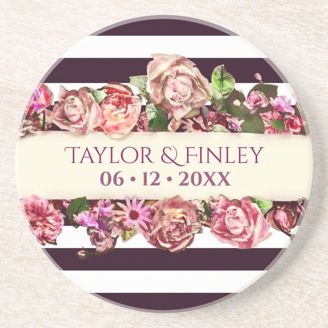 Customisable Vintage Modern Floral Striped Wedding Coaster (Front)