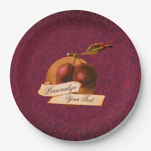 Customisable Vintage Plums Burgundy Damask Pattern Paper Plate (Front)