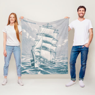 Customisable Vintage Sailing Ship Teal Nautical Fleece Blanket