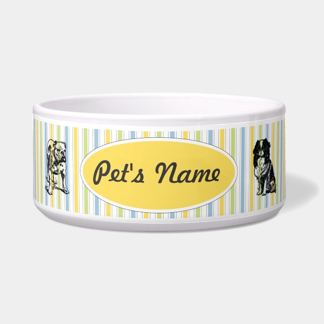 Customisable Vintage Toy Dogs on Stripes Pet Bowl (Front)