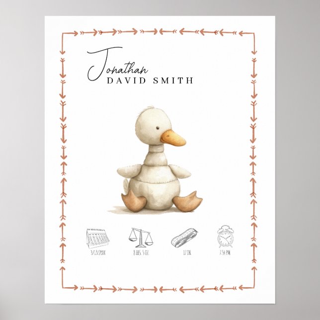 Customisable Watercolor Duck Nursery Birth Details Poster (Front)