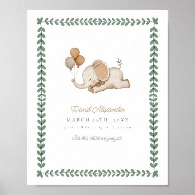 Customisable Watercolor Elephant Baby Boy Nursery Poster (Front)
