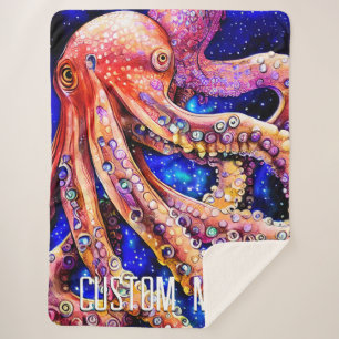 Customisable Watercolor Octopus with Name Sherpa Blanket