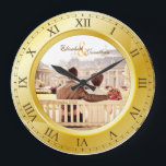 Customisable Wedding Anniversary Gold Roman Photo Large Clock<br><div class="desc">A simple, elegant clock in gold tones, with Roman numerals. The frame that functions as part of the clock is also a frame for your favourite wedding photograph. Keep the sample image of a couple sitting on a bench facing a row of beautiful houses, or replace it with your own...</div>