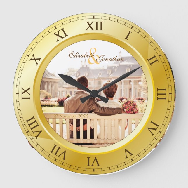 Customisable Wedding Anniversary Gold Roman Photo Large Clock (Front)