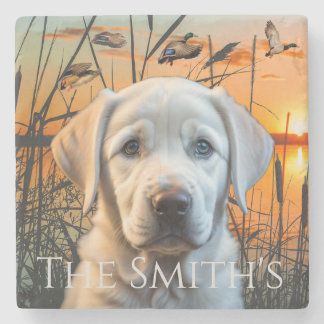 Customisable Wedding Gift, White Labrador Puppy Stone Coaster