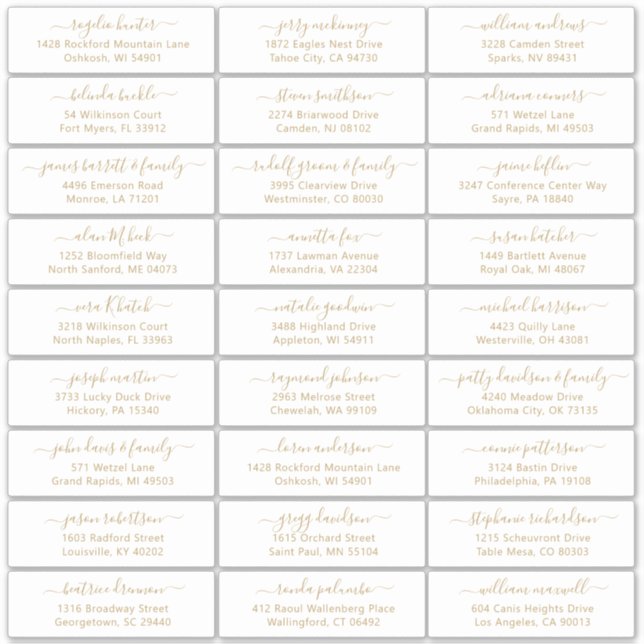 Customisable wedding guest address labels Gold (Front)