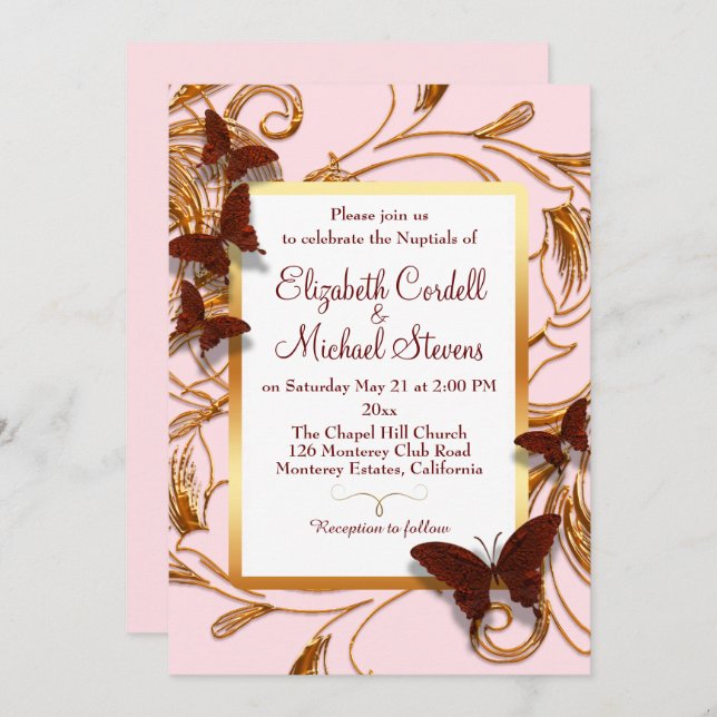 Customisable Wedding invitation pink faux gold (Front/Back)
