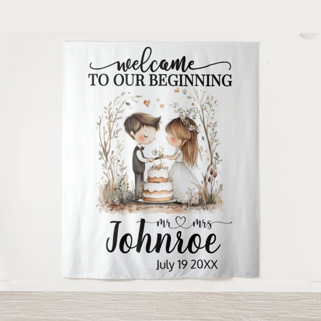 Customisable Whimsical Wedding Backdrop Tapestry (Front)