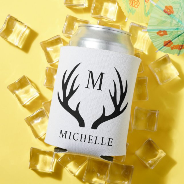 Customisable White And Black Deer Antler Monogram  Can Cooler (In Situ Summer)
