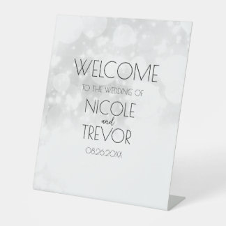 Customisable White Bokeh Wedding Welcome Pedestal Sign