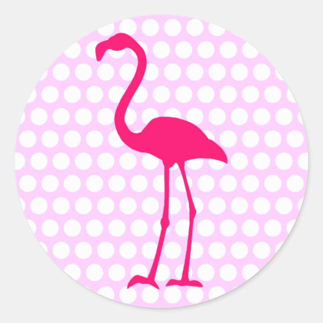 Customisable White Polka Dot Hot Pink Flamingo Classic Round Sticker (Front)