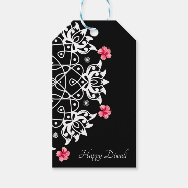 Customisable White Rangoli with hibiscus  Gift Tag (Front)