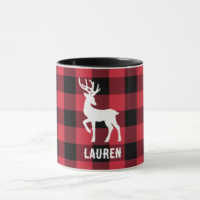 Customisable White Stag Red Buffalo Check Mug (Center)