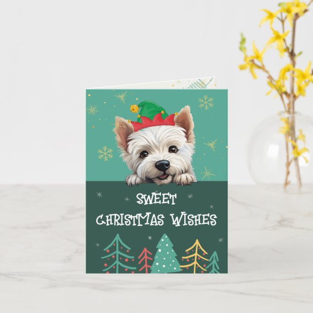Customisable White Terrier Christmas Greeting Card (Yellow Flower)